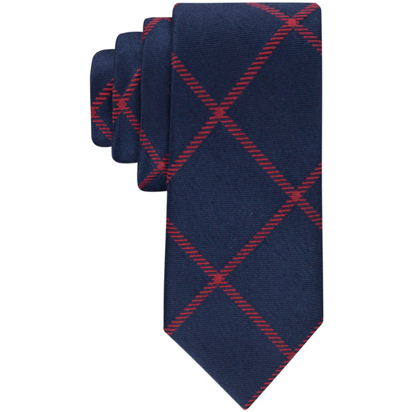 Tommy Hilfiger Men Modern Grid Tie Navy Red - Picture 1 of 2